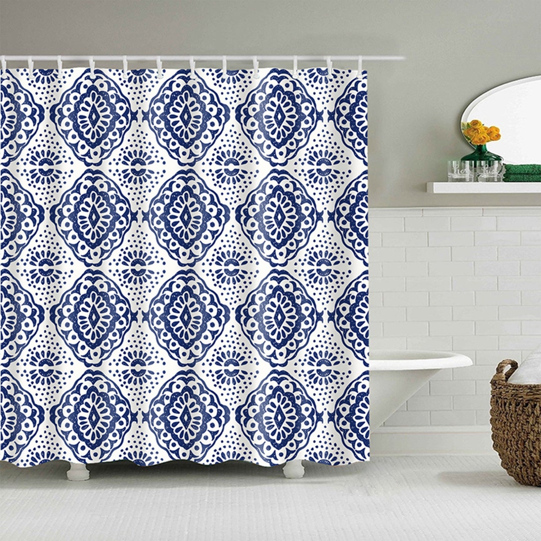 Blue White Geometric Print Shower Curtain, Bohemian Boho Vintage Bathroom Curtain, Home Bath Decor Accessories