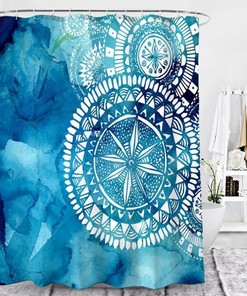 Blue White Mandala Shower Curtain, Star Watercolor Graphic Design Bath Tub Curtain Accessories