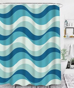 Blue White Ocean Waves Shower Curtain, Mid-Century Retro Sea Beach Coast Marine Accessories