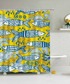Blue Yellow Fish Shower Curtain, Japanese Style Ocean Sea Fishes Underwater, Bathroom Curtain, Home Bath Set Decor