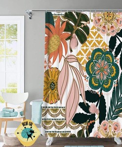 Bohemian Shower Curtain, Boho Retro Home Decor Floral Modern Shower Curtain Black, Emerald Green, Pink And Mustard