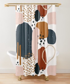 Boho Abstract Art Shower Curtain, Watercolor Designs, Geometric Shapes, Rust, Burnt Orange Navy, Pale Pink, Bohemian Bathroom