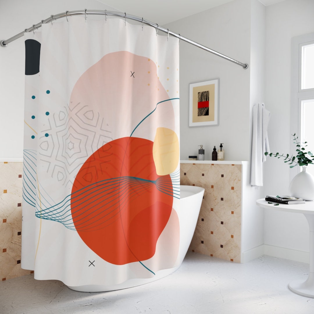 Boho Abstract Circles Shower Curtain, Modern Pal Minimal Japanese Bathroom Curtain, Minimalist Home Art