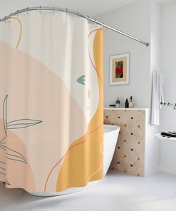 Boho Abstract Flowers Shower Curtain, Modern Orange, Lake Designer Curtain, Bath Decor, Minimalist Leaf Home Art