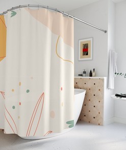 Boho Abstract Flowers Shower Curtain, Modern OrangeMid Century Modern Shower Curtain, Minimalist Leaf Home Art