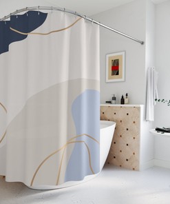 Boho Abstract Pattern Shower Curtain, Modern Blue Gold Bathroom Curtain, Decoration, Minimalist Mint Home Art