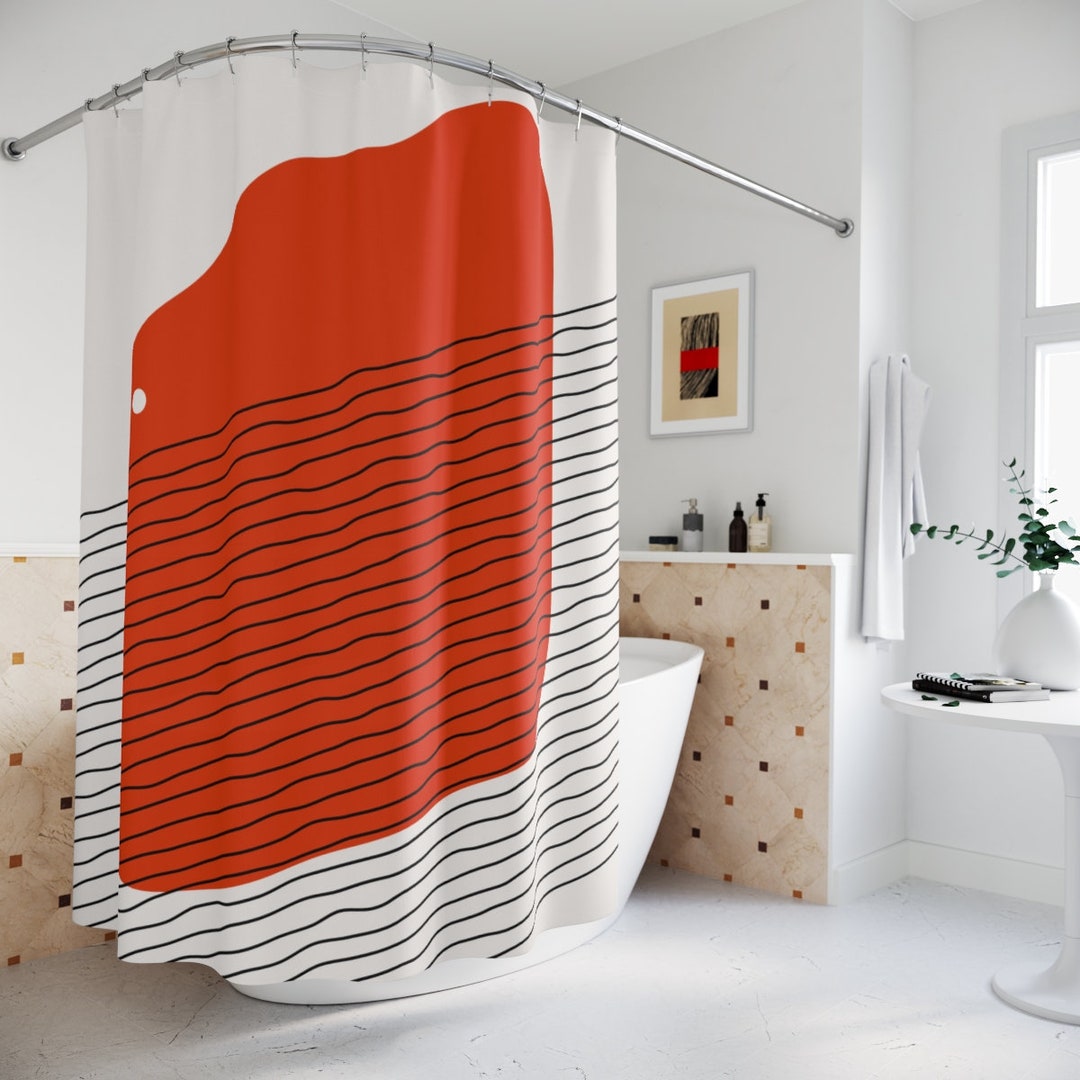 Boho Abstract Red Circle Shower Curtain, Modern Pal Minimal, Lakehouse Mid Century Modern Shower Curtain