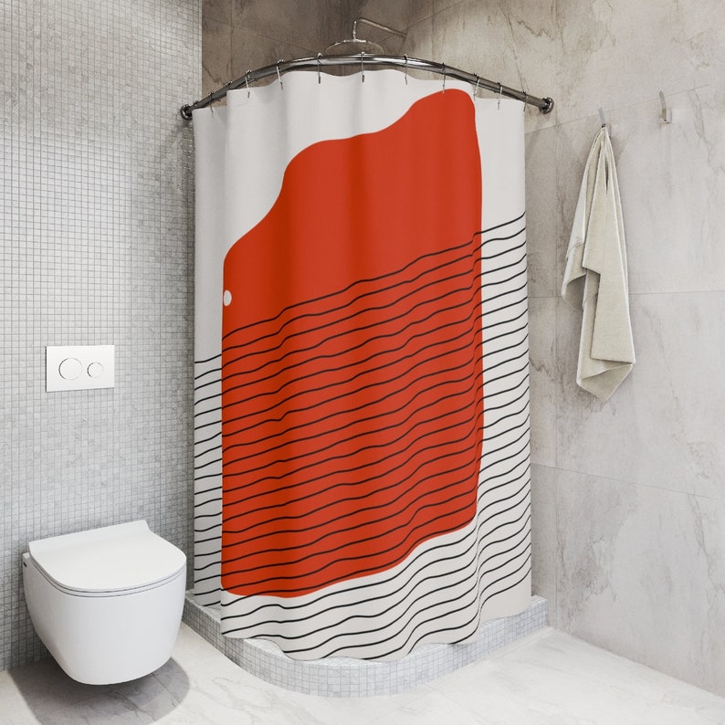 Boho Abstract Red Circle Shower Curtain, Modern Pal Minimal, Lakehouse Mid Century Modern Shower Curtain - Image 2
