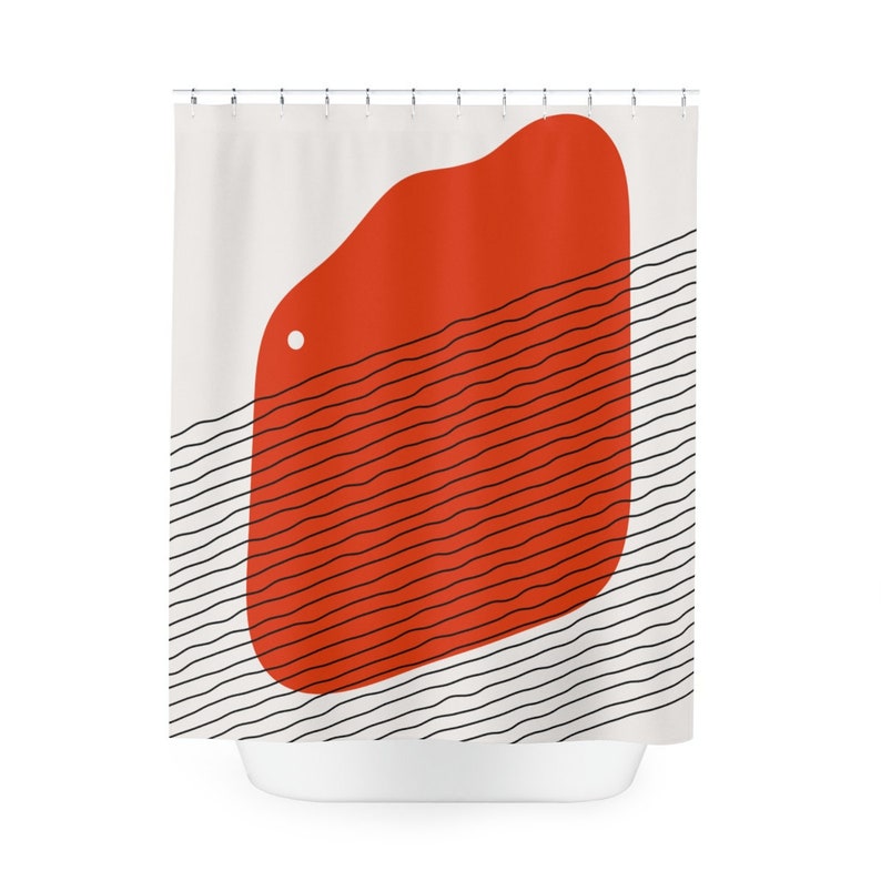 Boho Abstract Red Circle Shower Curtain, Modern Pal Minimal, Lakehouse Mid Century Modern Shower Curtain - Image 3