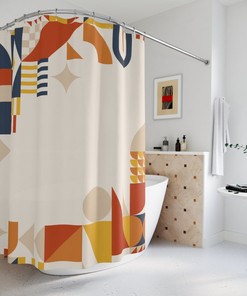 Boho Abstract Shapes Shower Curtain, Modern Orange, Lake Designer Curtain, Bathroom Curtain, Minimalist Leaf Home Art