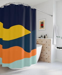Boho Abstract Waves Shower Curtain, Modern Blue Orange, Lake Designer Curtain, Bathroom Curtain, Decoration