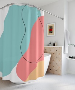 Boho Abstract Waves Shower Curtain, Modern Blue Orange Mid Century Modern Shower Curtain