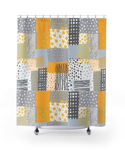 Boho Bathroom Decor, Gray, Yellow, White, Black, Abstract, Patchwork Design, Retro Flowers, Modern Farmhouse Bathroom Shower Curtain