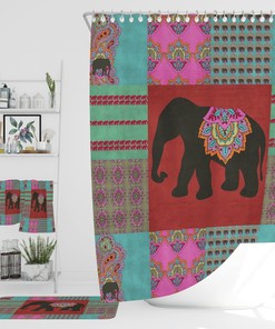 Boho Batik Elephant Shower Curtain Optional Bath Mat, Towels