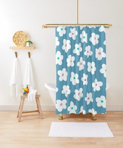 Boho Blue Floral Shower Curtain - Eco-Friendly Waterproof Flowers Bathroom Decor