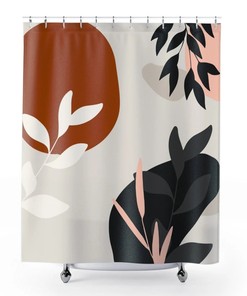 Boho Botanical Abstract Shower Curtain, Bohemian Modern Beige Rust Black White Blush Branches Leaves Bath Curtain, New Bathroom Decor Gift