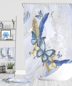 Boho Butterfly Bathroom Decor, Blue Shower Curtain, Bath Towels, Bath Mat, Hand Towel Options