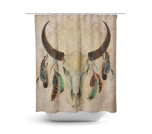 Boho Chic Bull Skull Shower Curtain Optional Bath Mat, Bath Towels, Bathroom Set Beige Watercolor