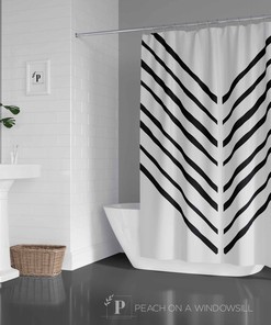 Boho Chic Chevron Shower Curtain, Black And White Abstract Line Art Bath Curtain, Modern Bohemian Bathroom Decor