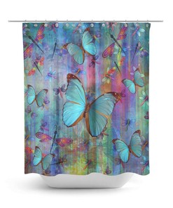 Boho Chic Dragonfly Butterfly Shower Curtain Optional Bath Mat and Towels,