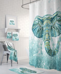 Boho Chic Elephant Shower Curtain, Bath, Bath Towels, Green, Aqua, Teal Bathroom Set
