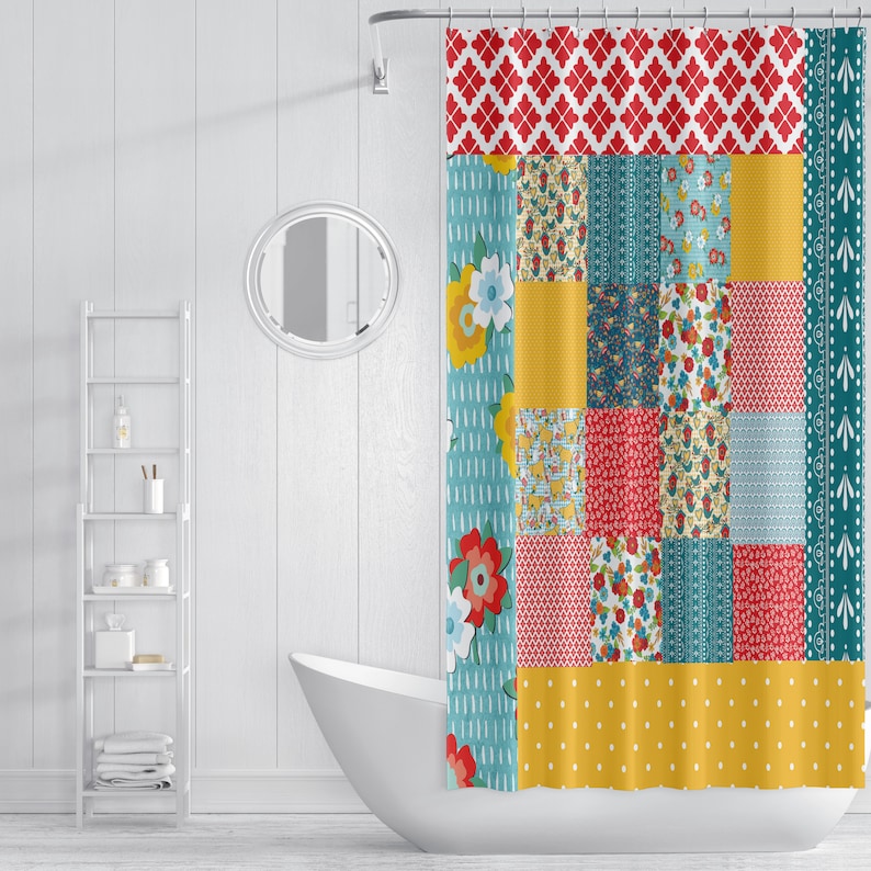 Boho Chic Shower Curtain Peasant Patchwork Print Multiple Options Bathroom Decor - Image 2