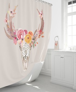 Boho Chic Southwest Skull Shower Curtain Optional Bath Mat Bathroom Set Beige Floral