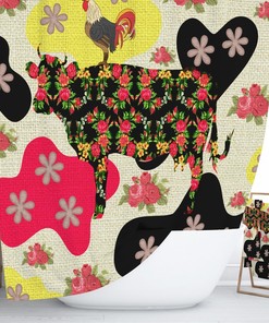 Boho Farmhouse Shower Curtain, Floral Funky Cow