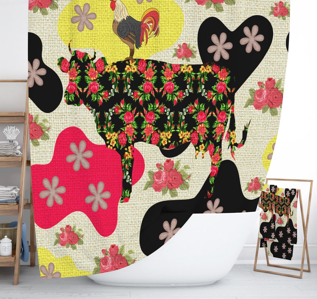 Boho Farmhouse Shower Curtain, Floral Funky Cow