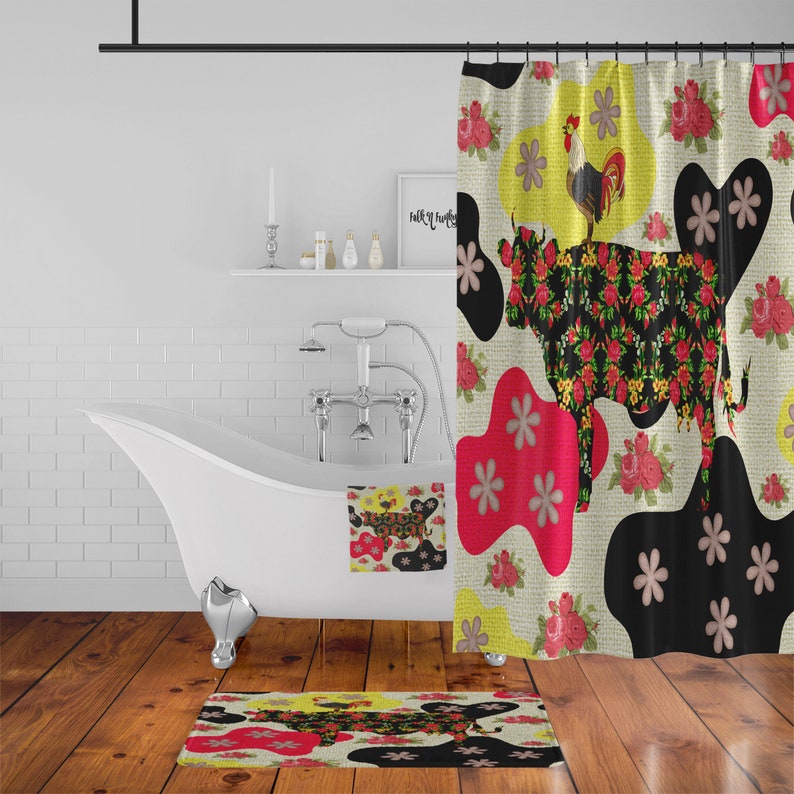 Boho Farmhouse Shower Curtain, Floral Funky Cow - Image 2
