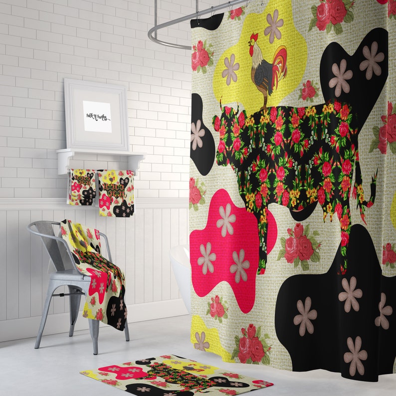 Boho Farmhouse Shower Curtain, Floral Funky Cow - Image 3