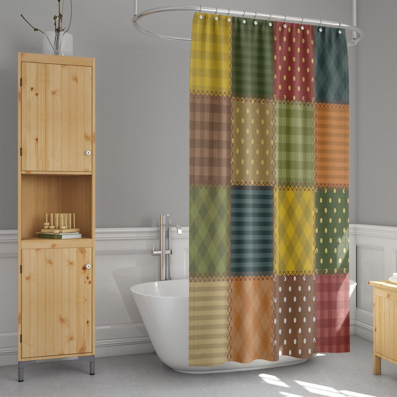 Boho Faux Patchwork Shower Curtain Optional Towels - Image 2