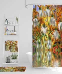 Boho Floral Shower Curtain Abstract Daisy Optional Bath Mat, Towels Bathroom Set