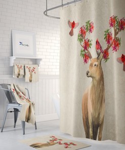 Boho Harmony Shower Curtain Woodland Deer and Cardinals. Optional Set and Options