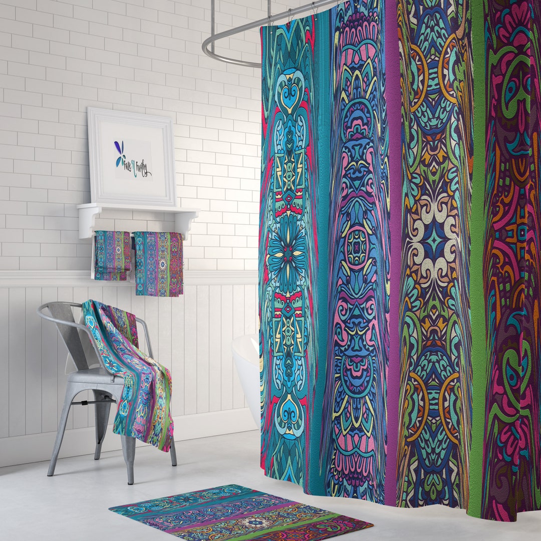 Boho Hippie Shower Curtain Retro Abstract Bluefink