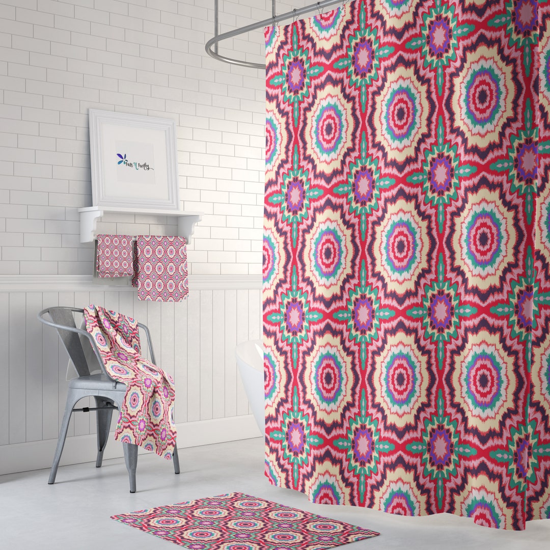 Boho Ikat Shower Curtain, Bath Mat, Towel Options