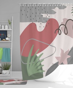 Boho Leaves Abstract Shower Curtain, Bohemian Retro Fabric Bathroom Curtain, House Warming Gift