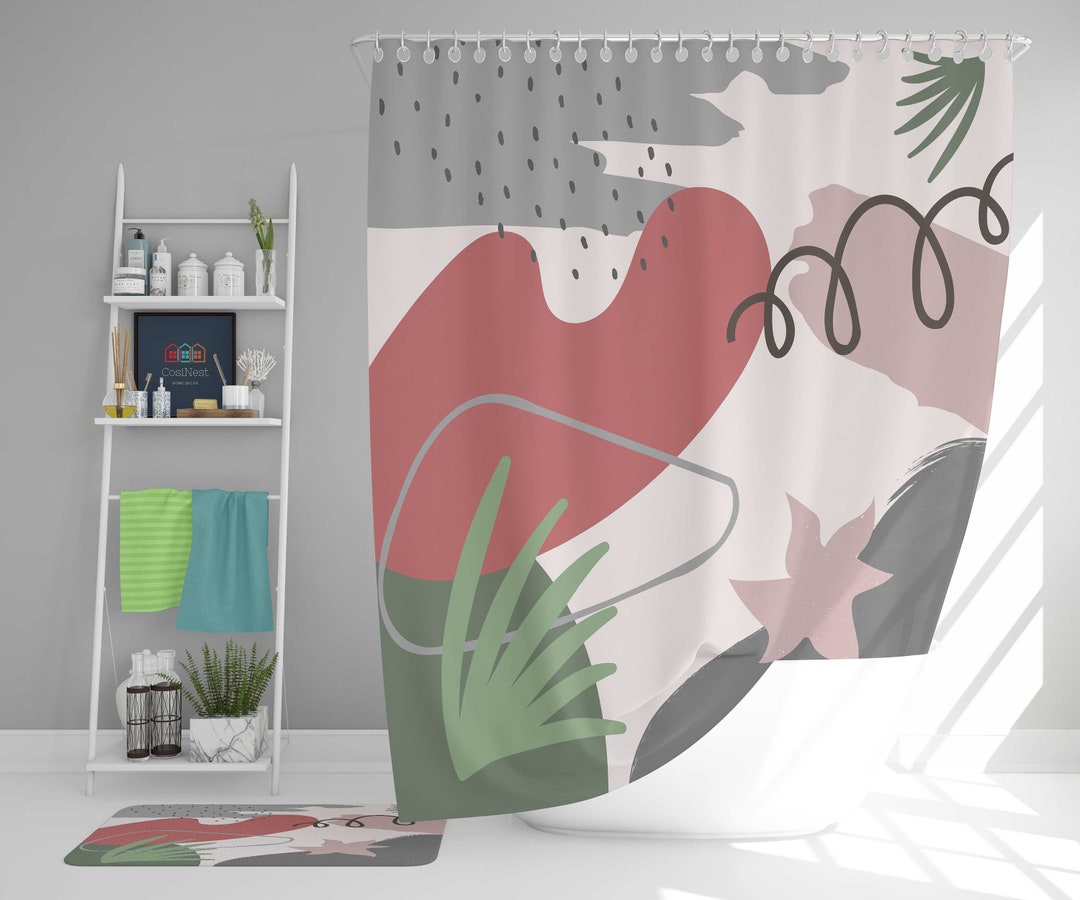 Boho Leaves Abstract Shower Curtain, Bohemian Retro Fabric Bathroom Curtain, House Warming Gift