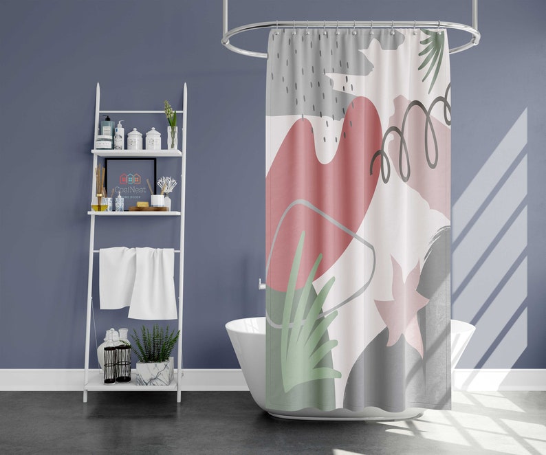 Boho Leaves Abstract Shower Curtain, Bohemian Retro Fabric Bathroom Curtain, House Warming Gift - Image 2