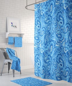 Boho Paisley Shower Curtain Mixed Blue, Optional Bath Mat and Towels