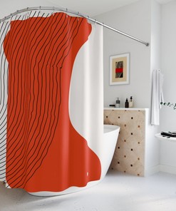 Boho Red Circle Abstract Shower Curtain, Minimalist Home Art, Lakehouse Design