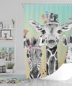 Boho Safari Animals Shower Curtain, add Bath Mat, Towels