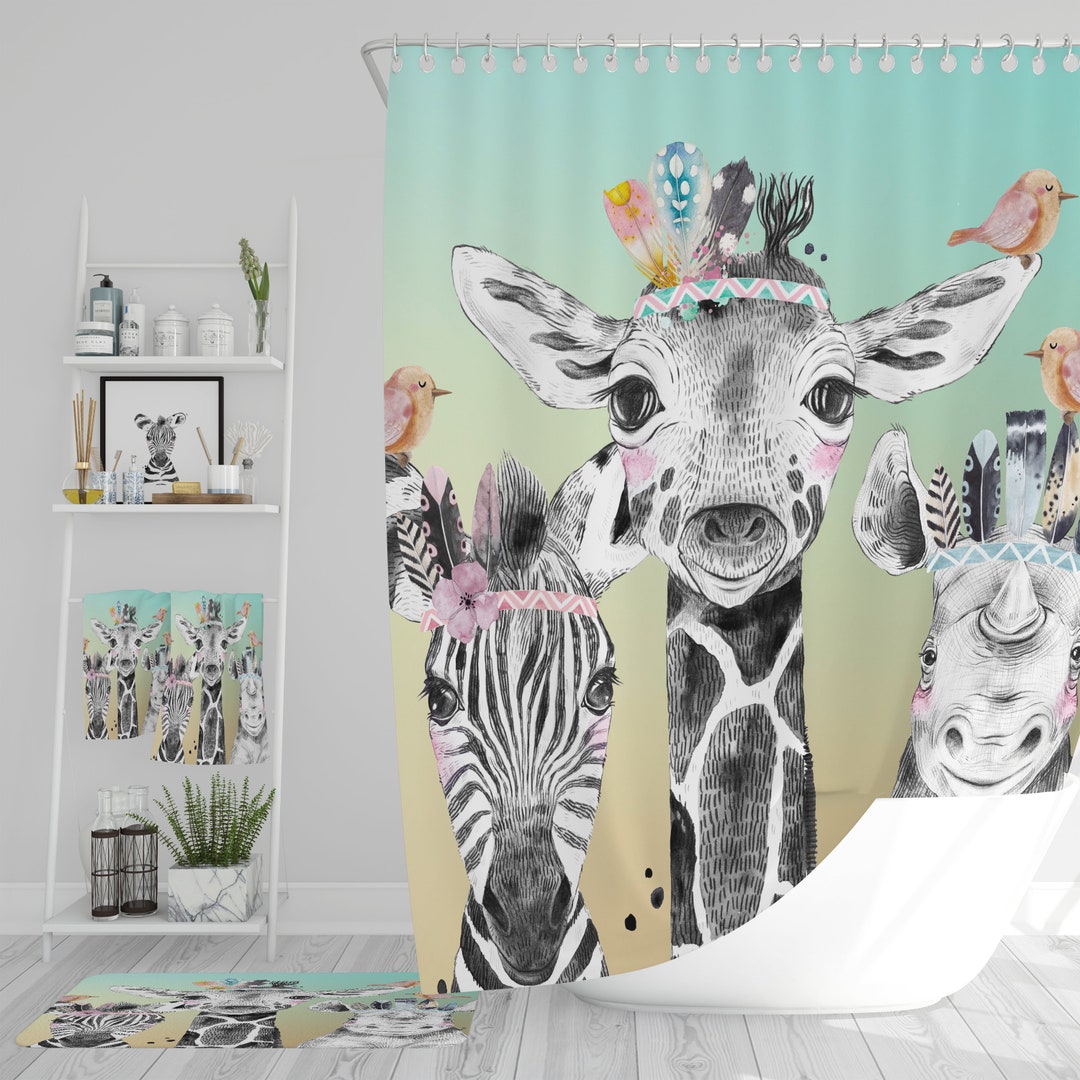 Boho Safari Animals Shower Curtain, add Bath Mat, Towels