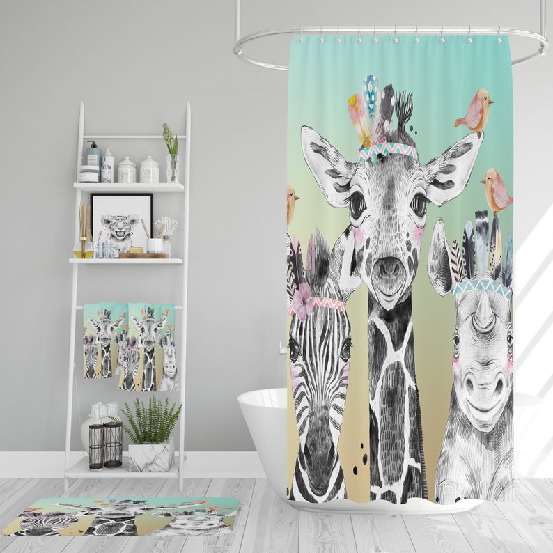 Boho Safari Animals Shower Curtain, add Bath Mat, Towels - Image 2