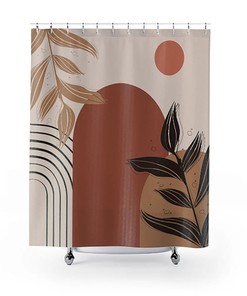Boho Shower Curtain, Abstract Shower Curtain, Earth Tones Brown Botanical Bath Curtain, Modern Bathroom Design, Bohemian Bathroom Decor