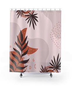 Boho Shower Curtain, Blush Dusty Pink Brown Bath Curtain, Floral Botanical Farmhouse Country Home Bathroom Decor Accessories