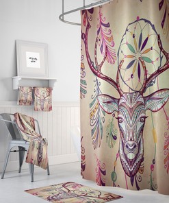 Boho Shower Curtain, Bohemian Bathroom Decor, Deer Dreamcatcher, Primitive Grunge