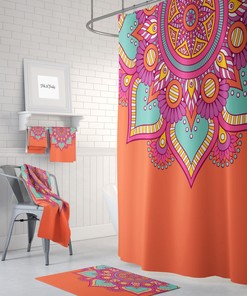 Boho Shower Curtain, Bohemian Bathroom Decor, Orange Mandala