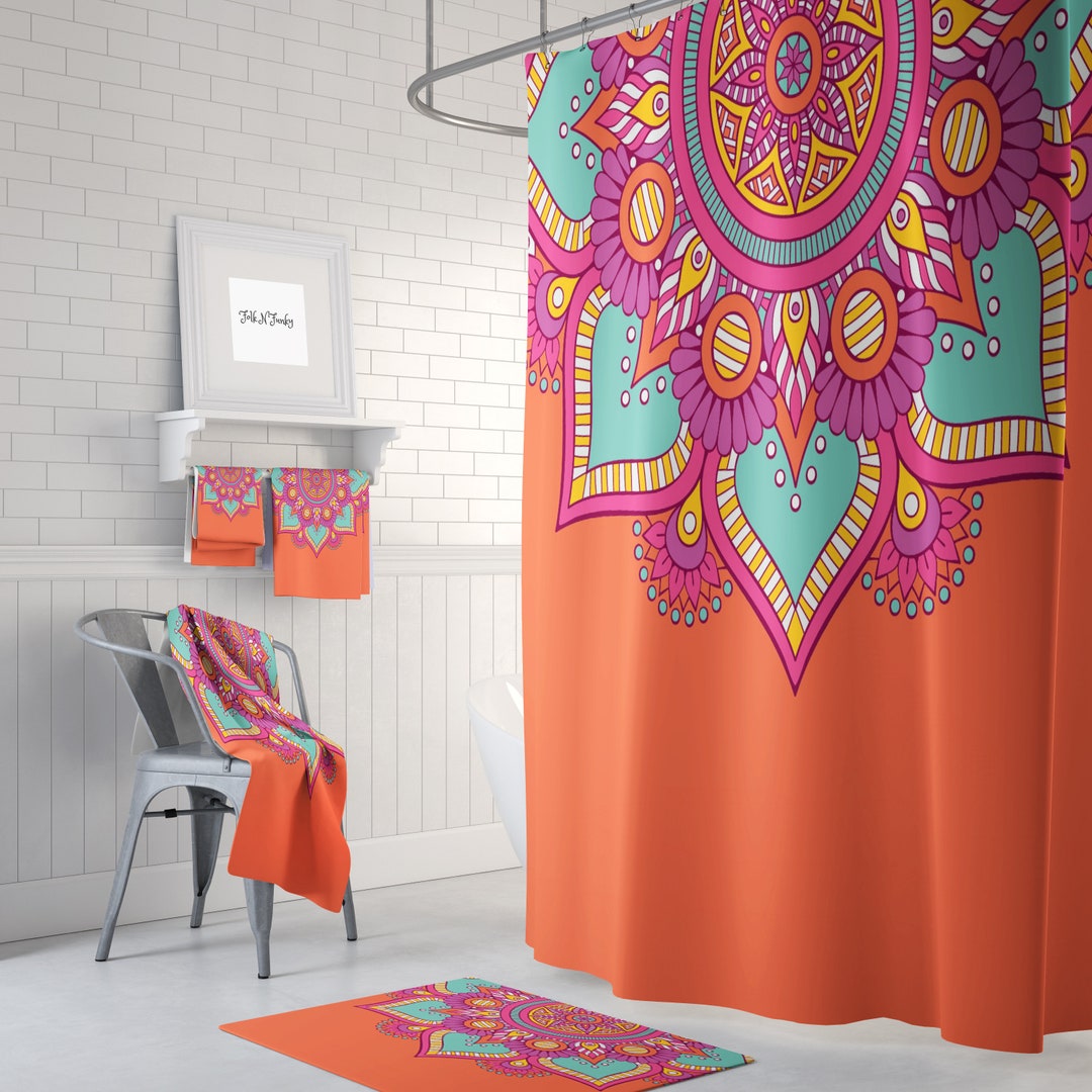 Boho Shower Curtain, Bohemian Bathroom Decor, Orange Mandala