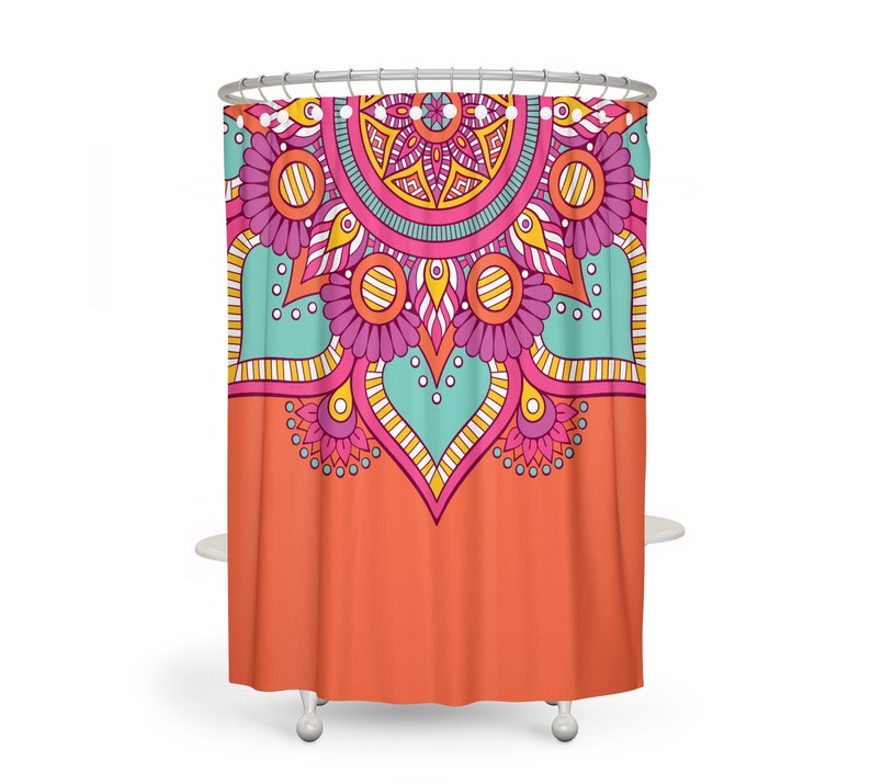 Boho Shower Curtain, Bohemian Bathroom Decor, Orange Mandala - Image 3
